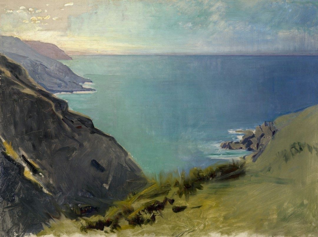 Oil painting of a rocky coast beside calm blue-green water